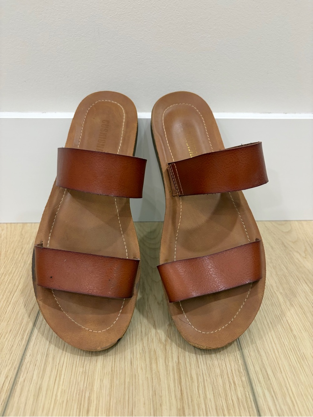 Cushionaire Comfort Summer Resortwear Double-Strap Leather Slide Sandals - Brown